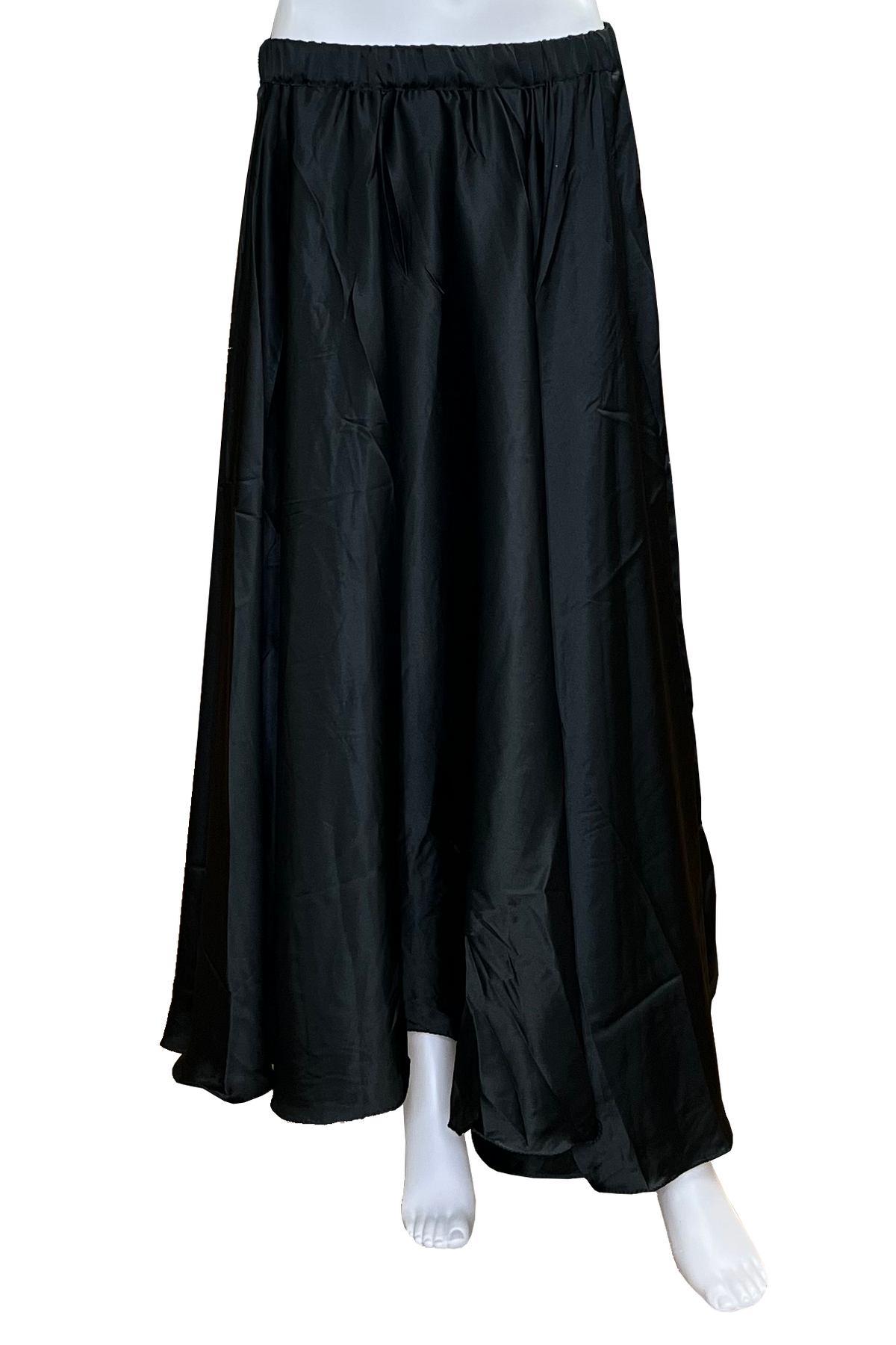 A black satin maxi skirt with an elastic waistband, displayed on a white mannequin against a plain white background.