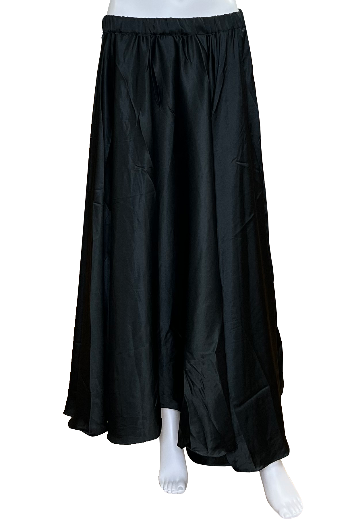A black satin maxi skirt with an elastic waistband, displayed on a white mannequin against a plain white background.