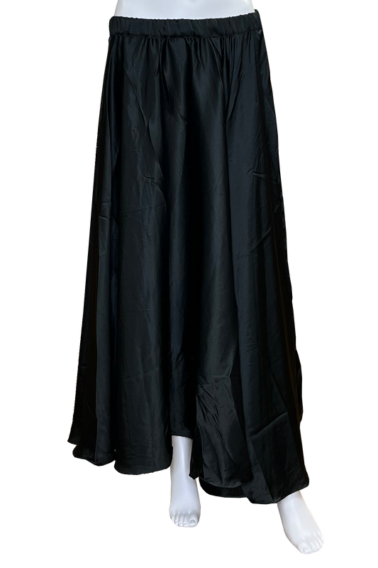 A black satin maxi skirt with an elastic waistband, displayed on a white mannequin against a plain white background.