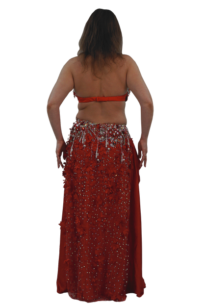 Woman wearing a red tow piece bellydance costume on a white background