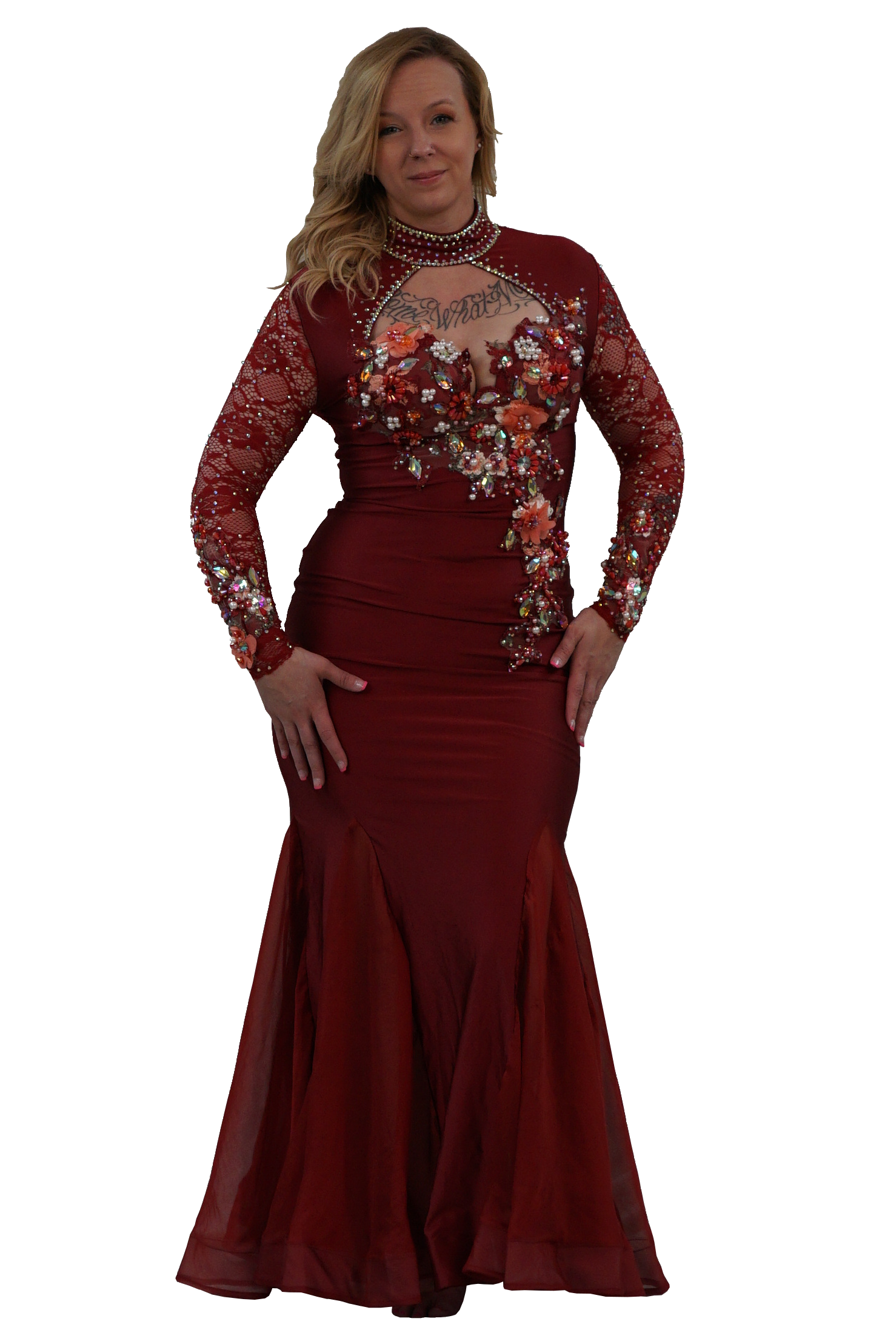 A woman modeling a floor-length burgundy mermaid gown with long sheer lace sleeves, floral work on the bodice and sleeves, and a beaded choker, set against a plain white background.