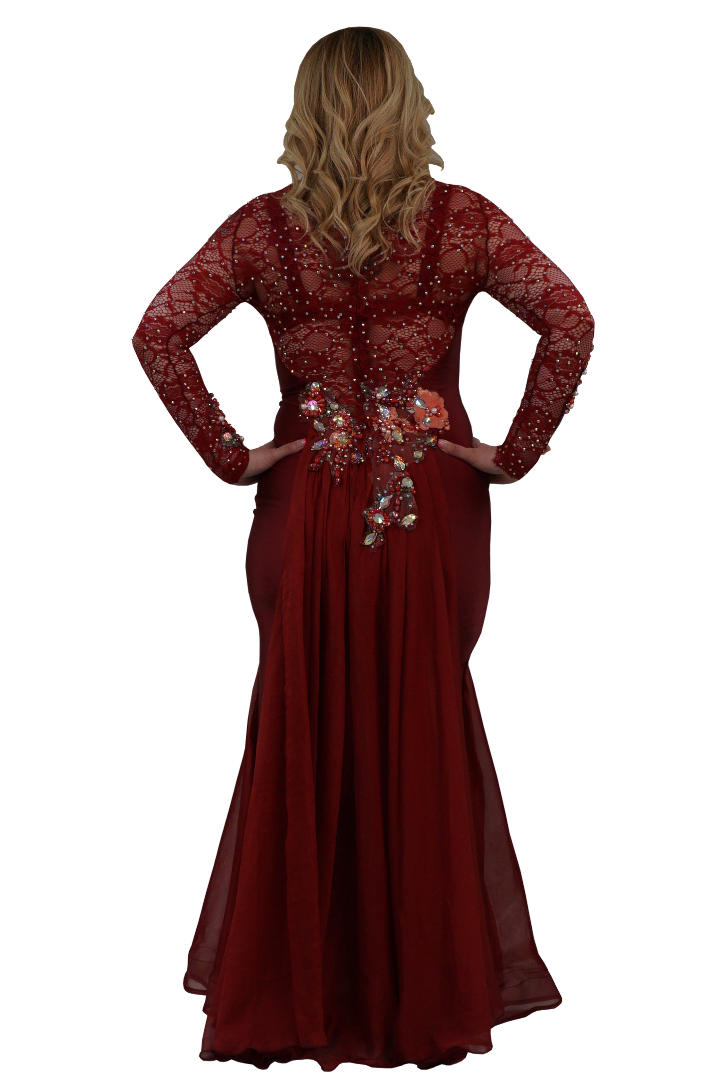 A woman shown from the back wearing a long-sleeve burgundy formal gown with lace detailing, beadwork, and a floral embellishment at the waist, set against a plain white background.
