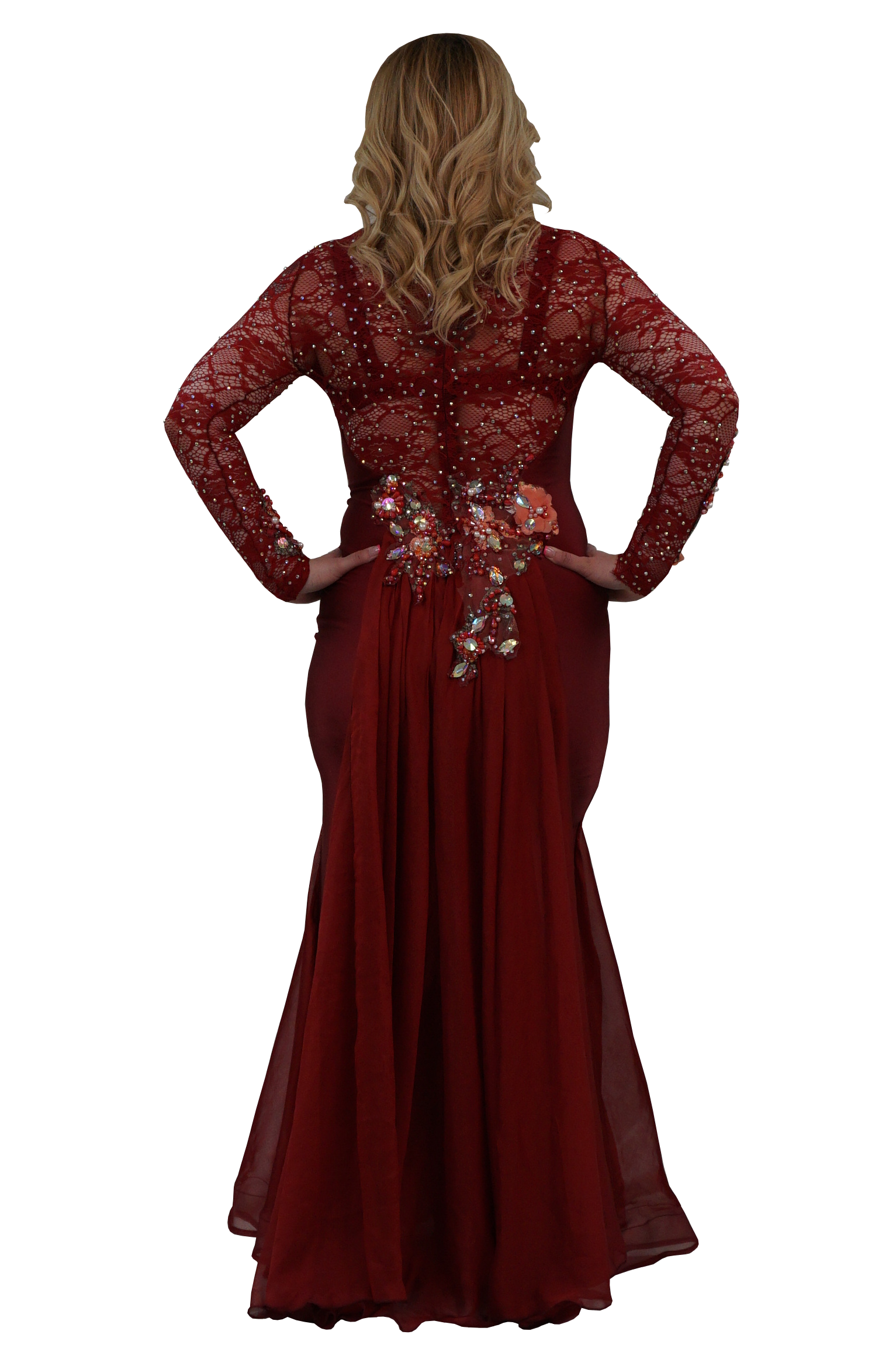 A woman shown from the back wearing a long-sleeve burgundy formal gown with lace detailing, beadwork, and a floral embellishment at the waist, set against a plain white background.