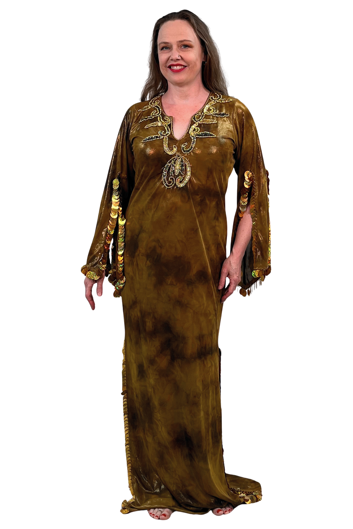 Metallic brown tie dye maxi dress with paillette trim and sequins.