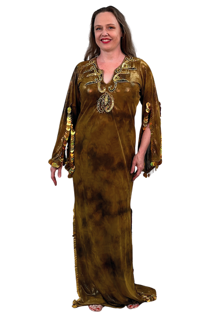 Metallic brown tie dye maxi dress with paillette trim and sequins.