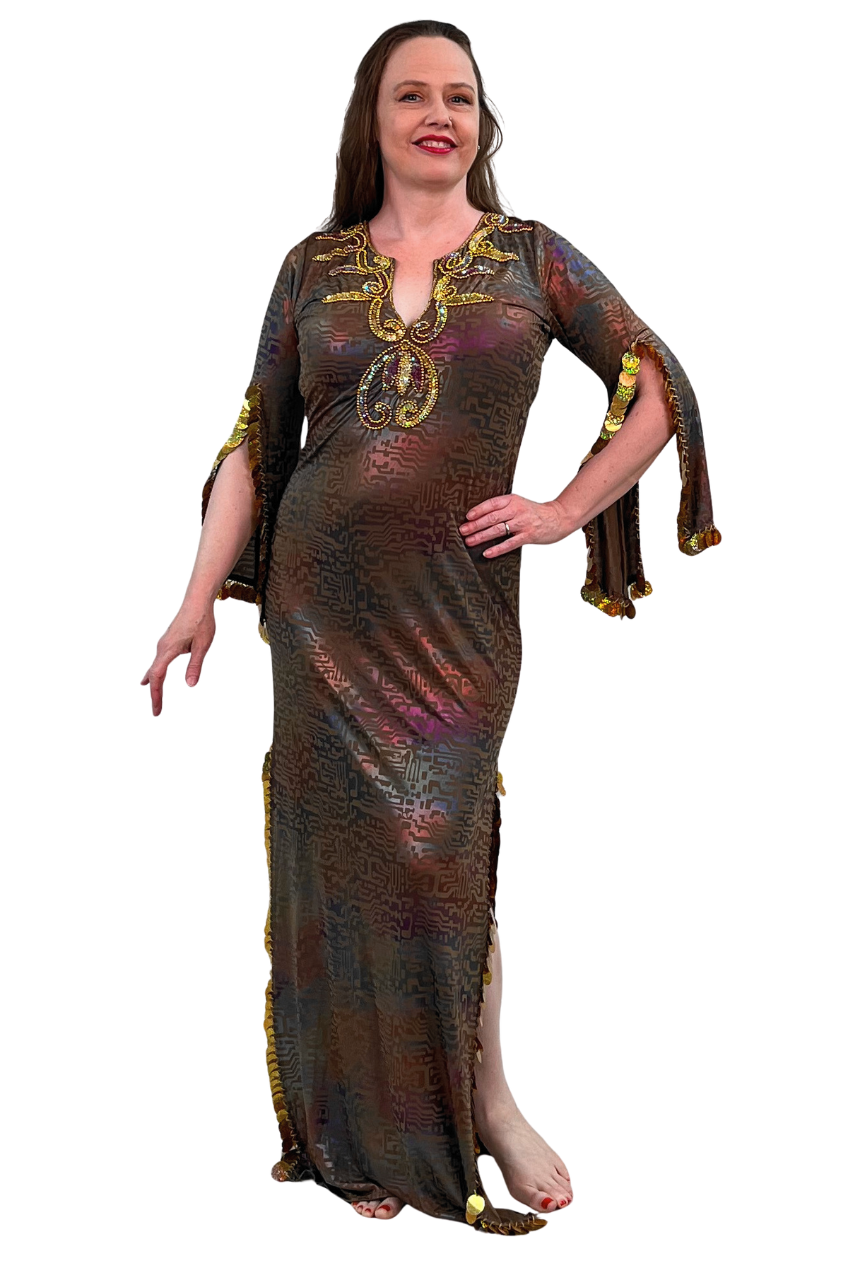 Metallic circuit board print maxi dress with gold sequins and paillettes.
