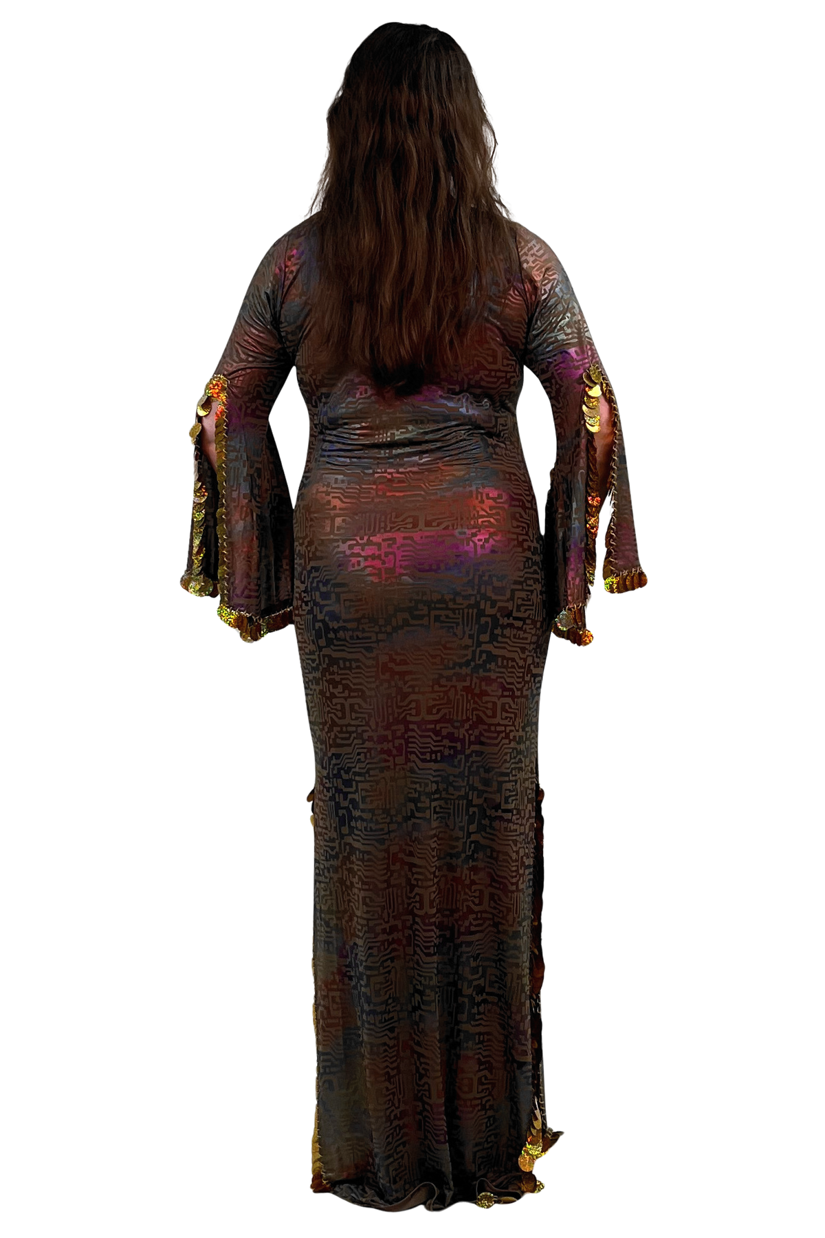 A woman viewed from the back wearing a floor-length, fitted dress with long flared sleeves. The dress has an iridescent, metallic pattern in dark brown, bronze, purple, and gold tones.