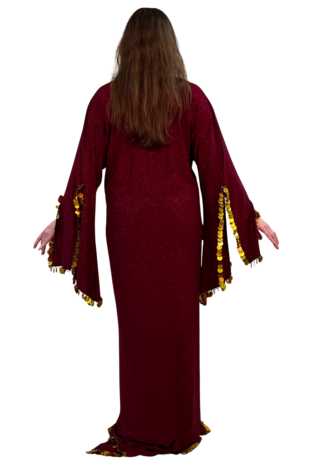 A woman viewed from behind wearing a long burgundy maxi dress with wide bell sleeves trimmed in gold paillettes, set against a plain white background.