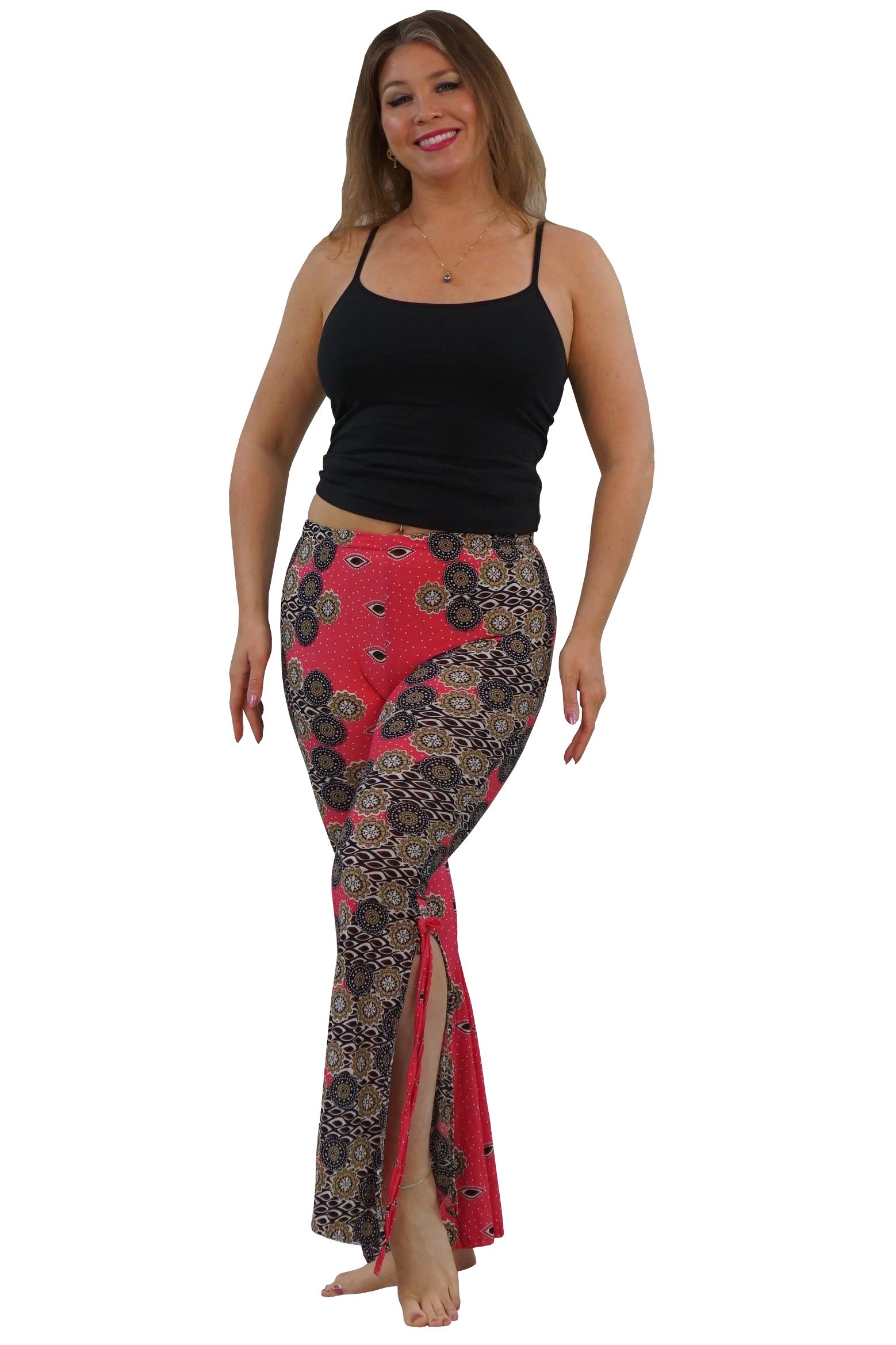 Pink, black, and taupe pants with side slit up to the knee.