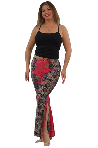 Pink, black, and taupe pants with side slit up to the knee.