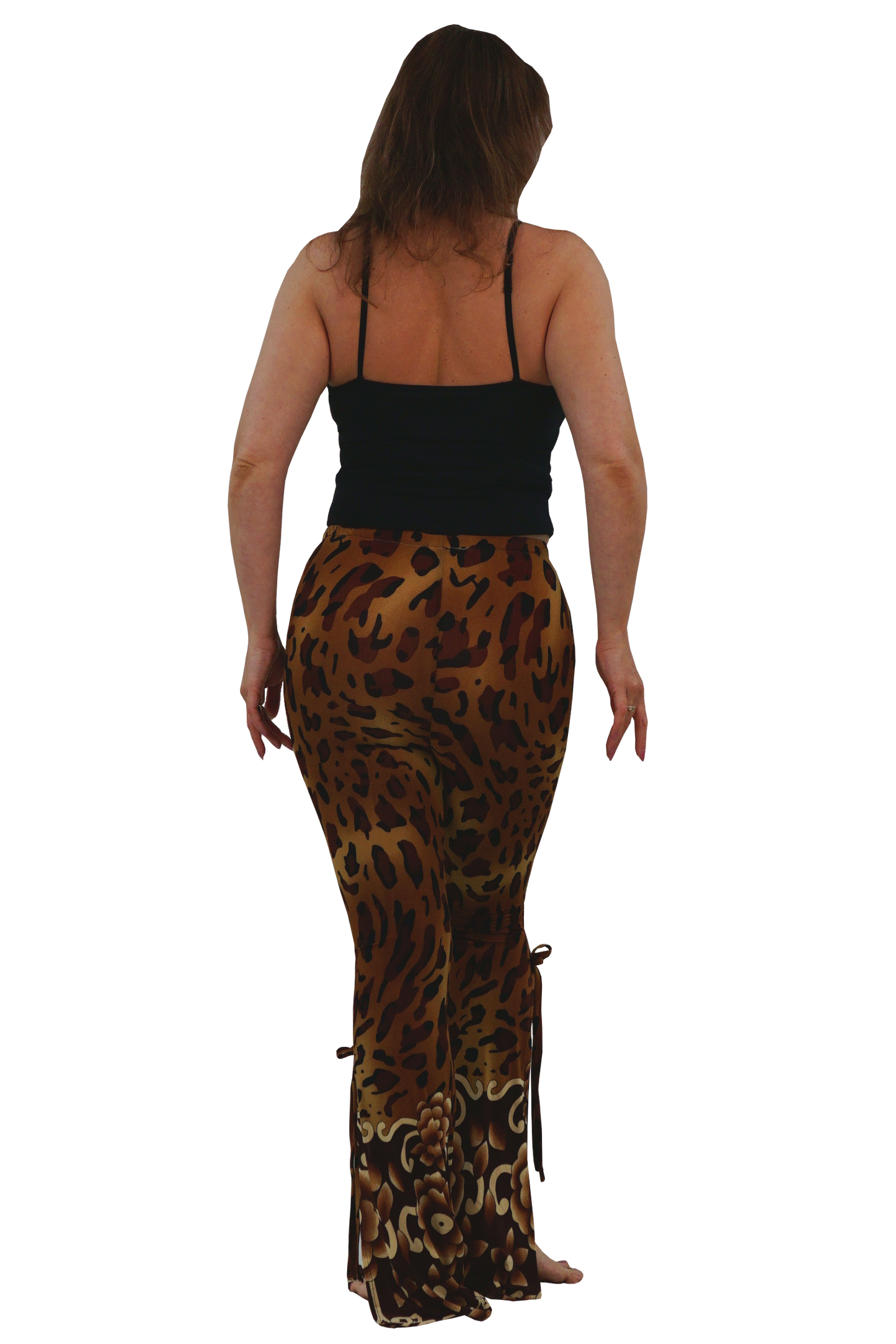 A woman shown from the back wearing leopard-print pants and a black spaghetti-strap top against a plain white background.