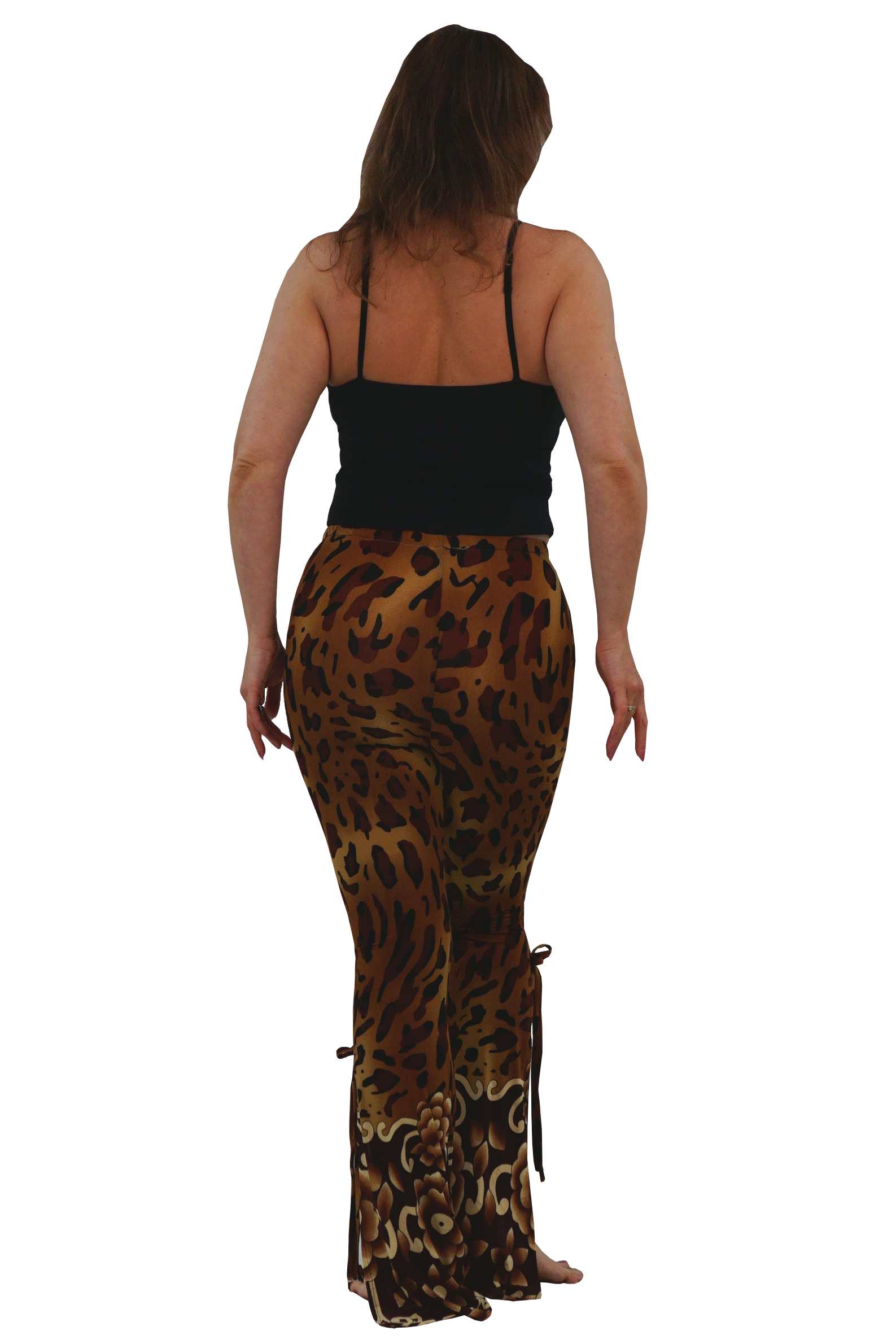 A woman shown from the back wearing leopard-print pants and a black spaghetti-strap top against a plain white background.