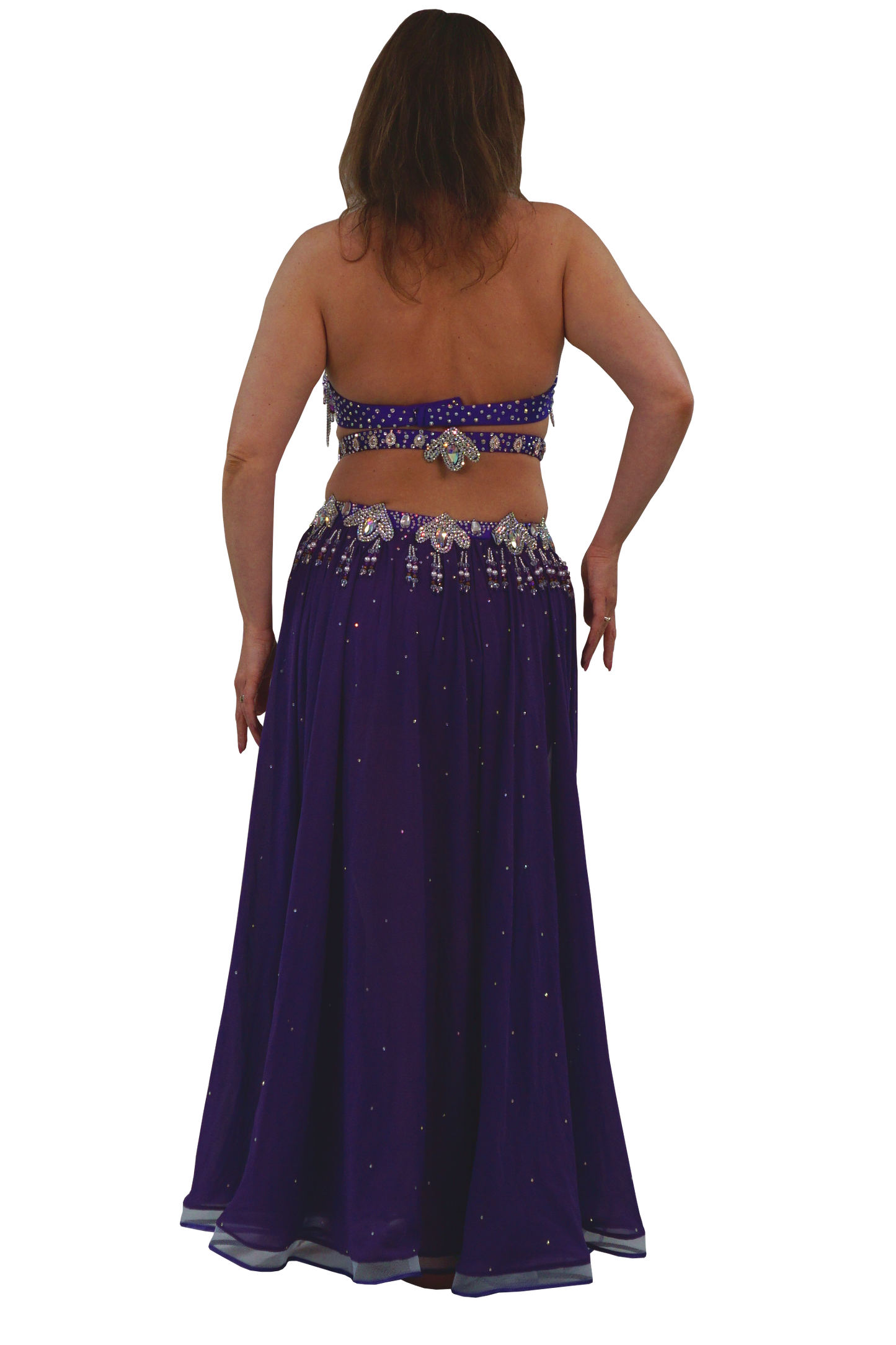 A woman shown from the back wearing a purple belly dance costume with an embellished top, a long flowing skirt, and a decorative hip belt with silver-toned beads, isolated on a white background.