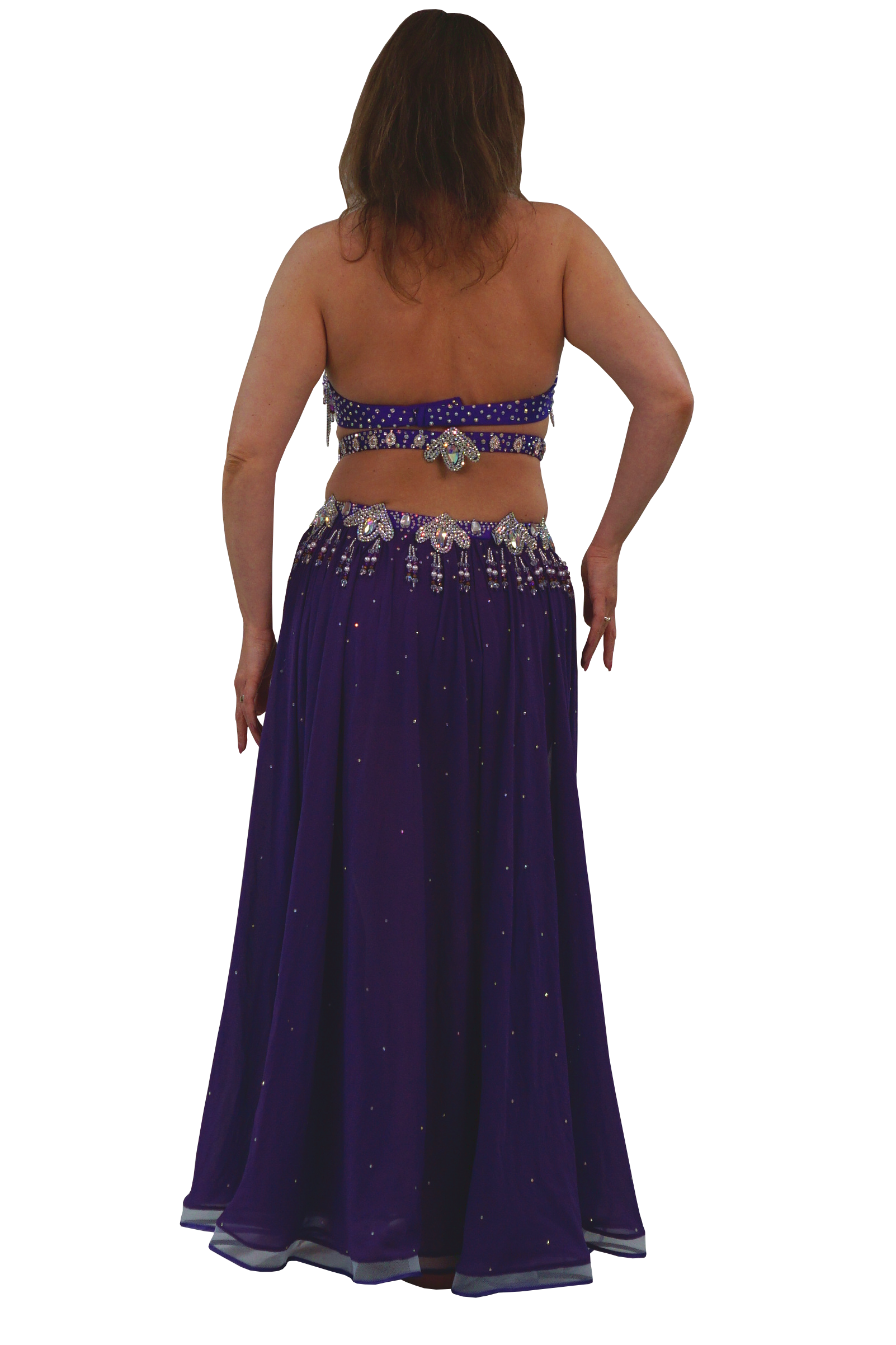 A woman shown from the back wearing a purple belly dance costume with an embellished top, a long flowing skirt, and a decorative hip belt with silver-toned beads, isolated on a white background.