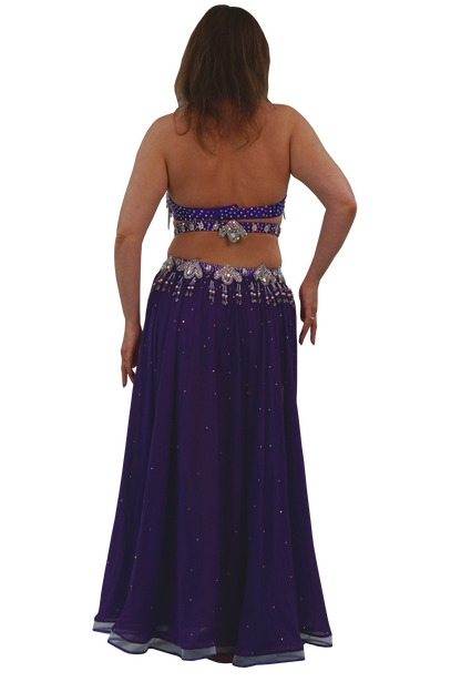 A woman shown from the back wearing a purple belly dance costume with an embellished top, a long flowing skirt, and a decorative hip belt with silver-toned beads, isolated on a white background.