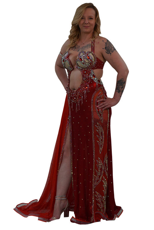 A woman modeling a floor-length belly dance gown with a high slit, cutouts, and extensive silver rhinestone embellishments against a plain white background.