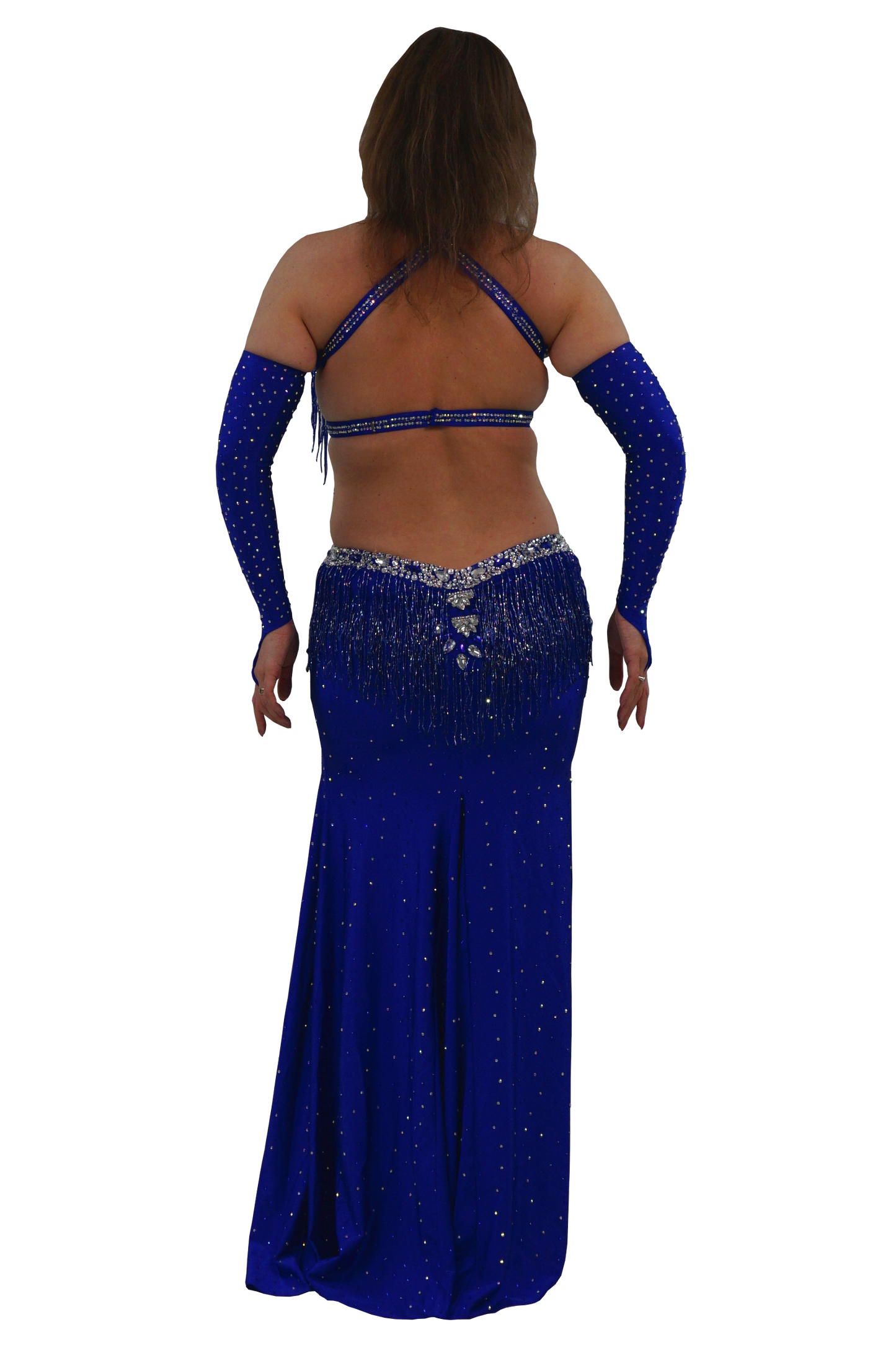 Blue beaded bellydance dress with matching arm sleeves on a white background