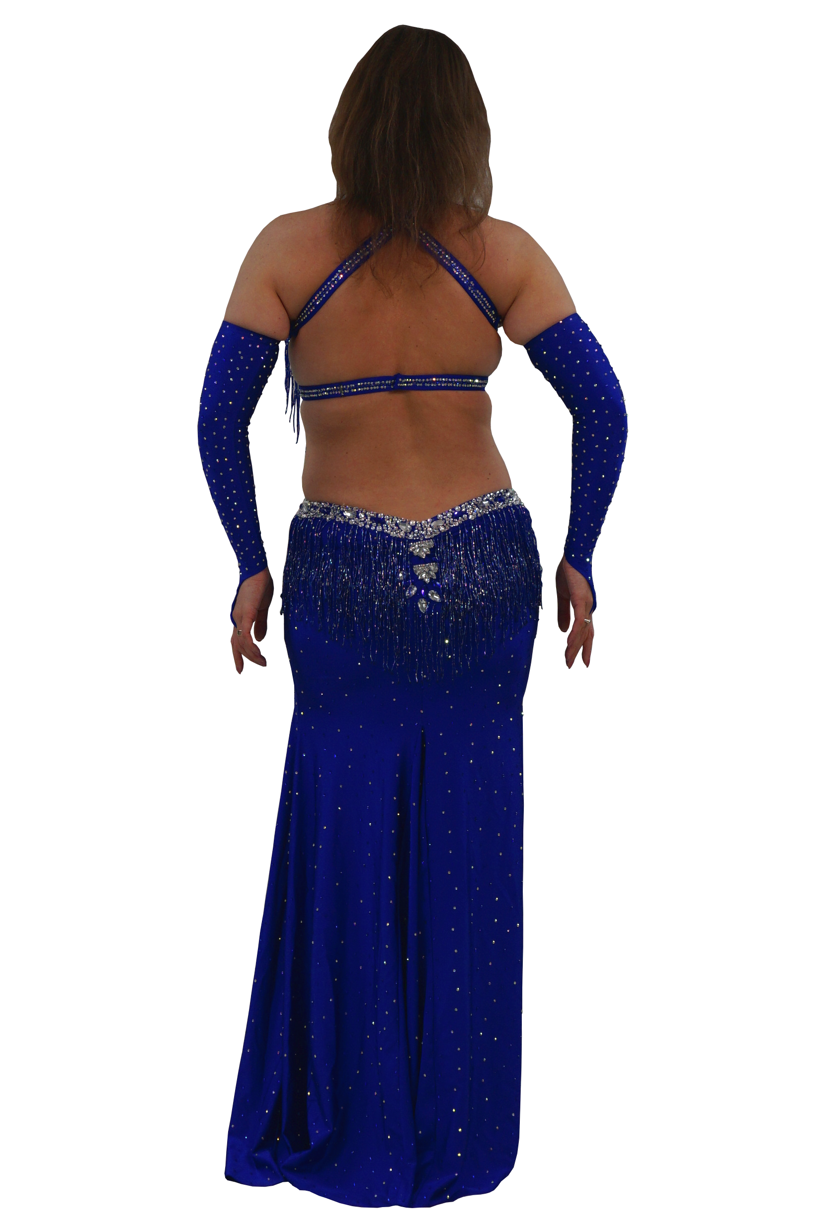 Blue beaded bellydance dress with matching arm sleeves on a white background
