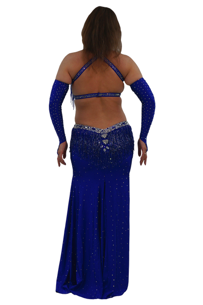 Blue beaded bellydance dress with matching arm sleeves on a white background
