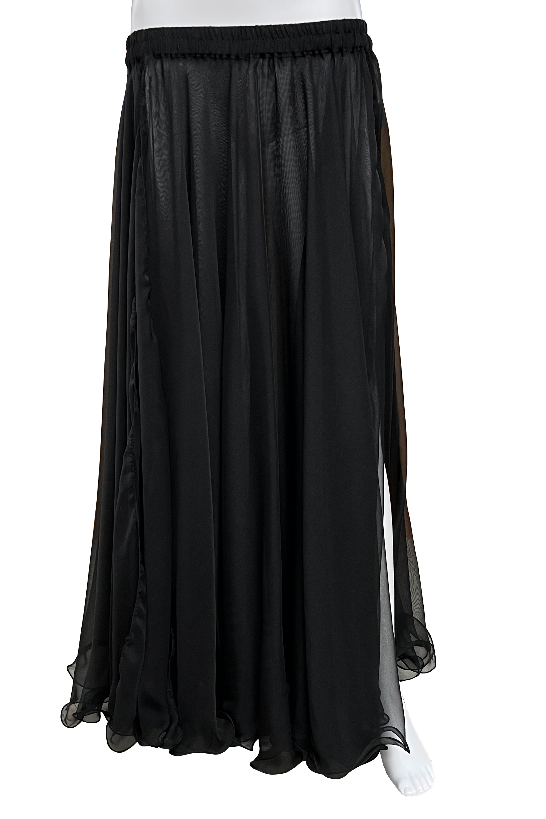 Belly dance circle skirt with one leg opening and a fishing line hem.