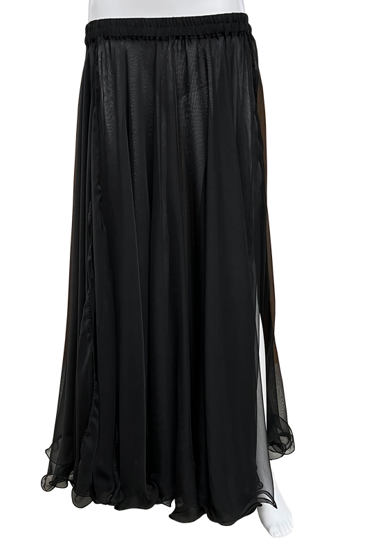 Belly dance circle skirt with one leg opening and a fishing line hem.