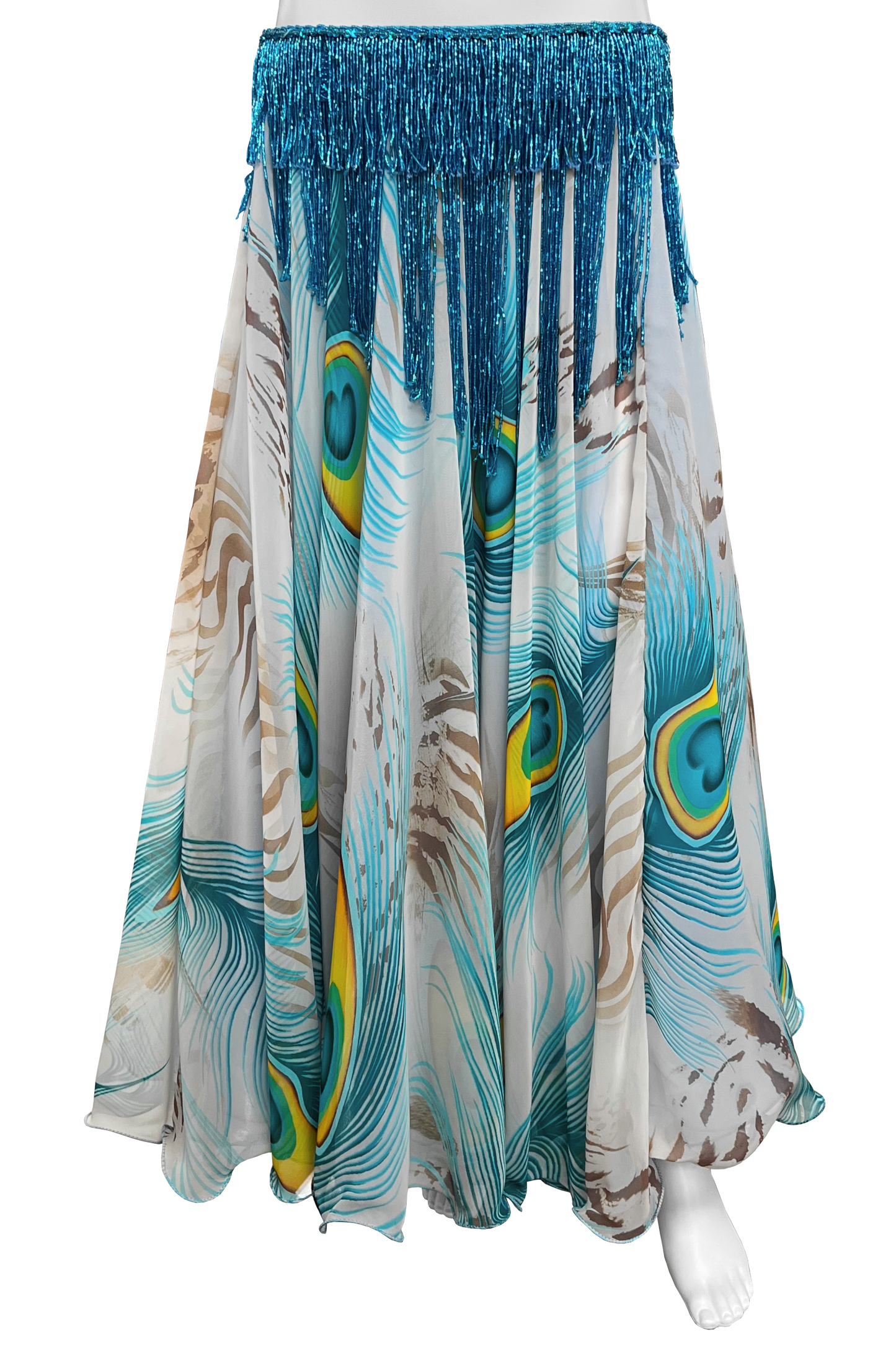 Long skirt with peacock feather pattern on a white background