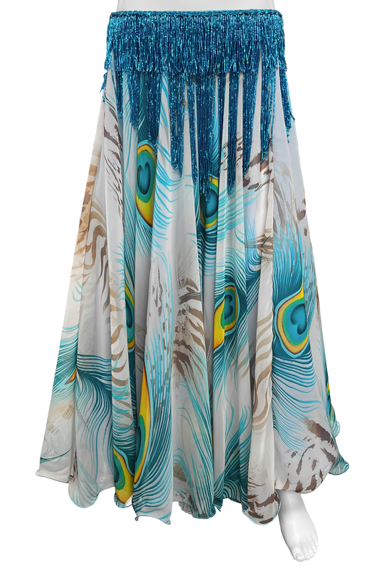 Long skirt with peacock feather pattern on a white background