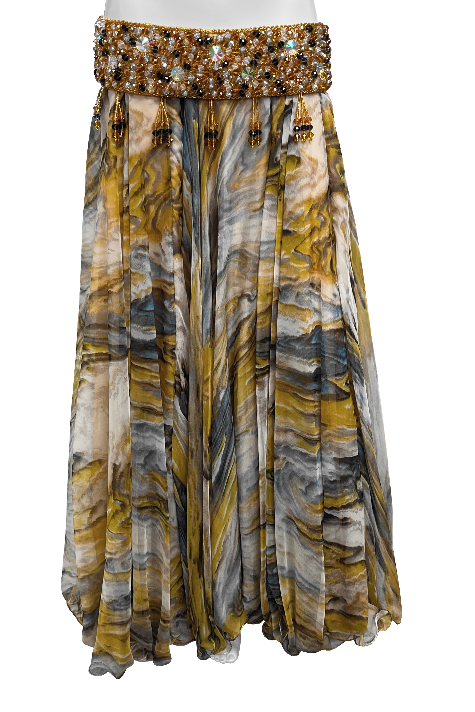 A maxi skirt with a marbled pattern in mustard yellow, gray, white, and brown.