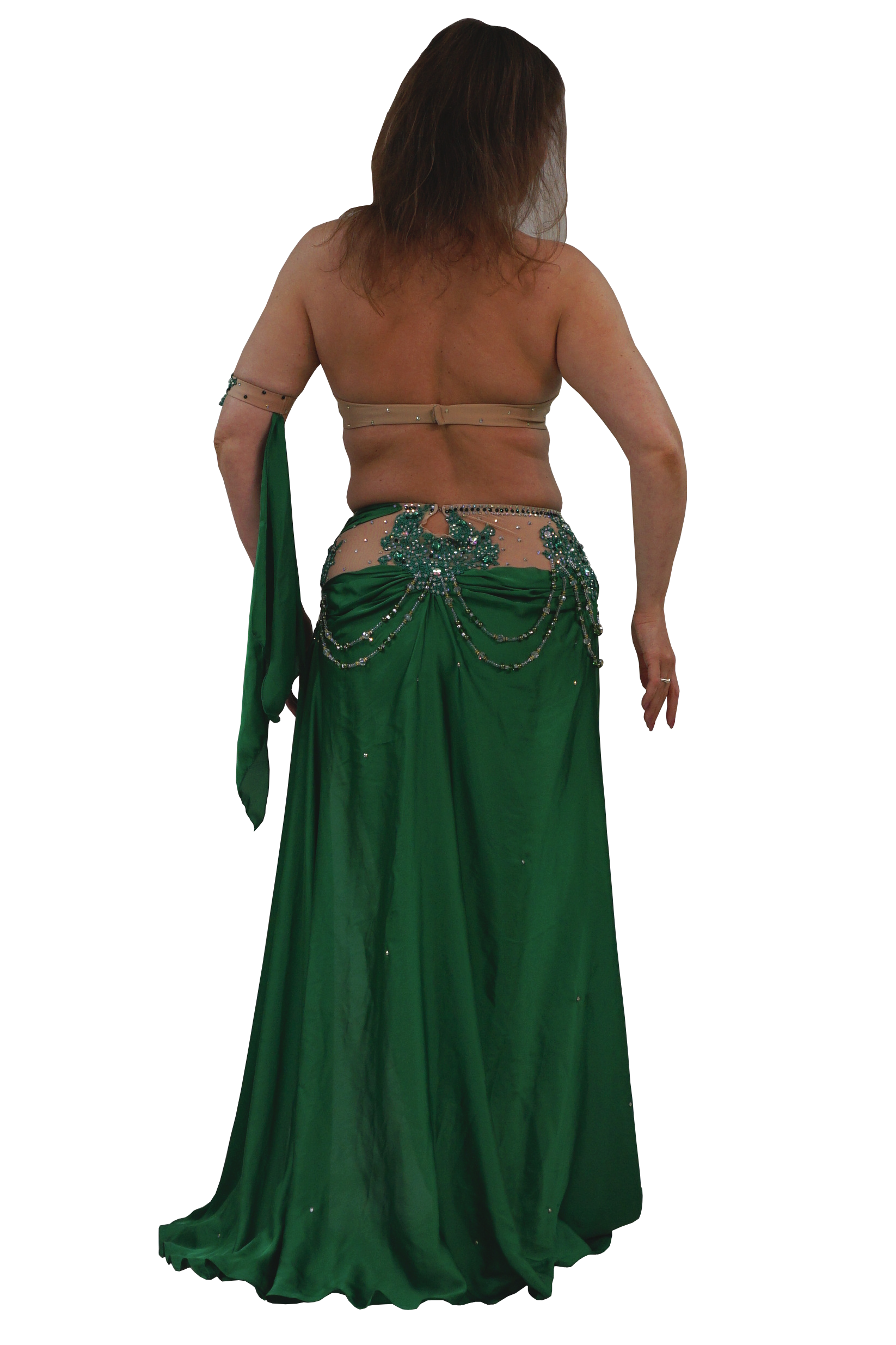 A woman shown from the back wearing a dark green belly dance skirt with an embellished waistband and a matching draped scarf, set against a plain white background.