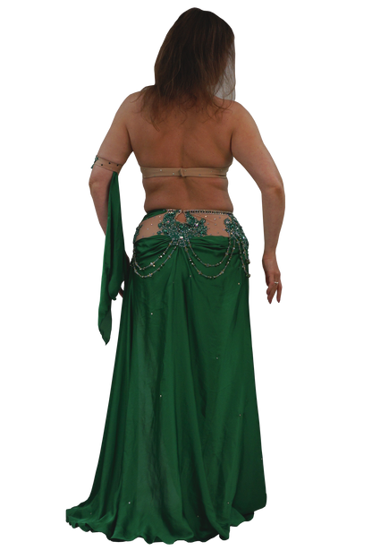 A woman shown from the back wearing a dark green belly dance skirt with an embellished waistband and a matching draped scarf, set against a plain white background.