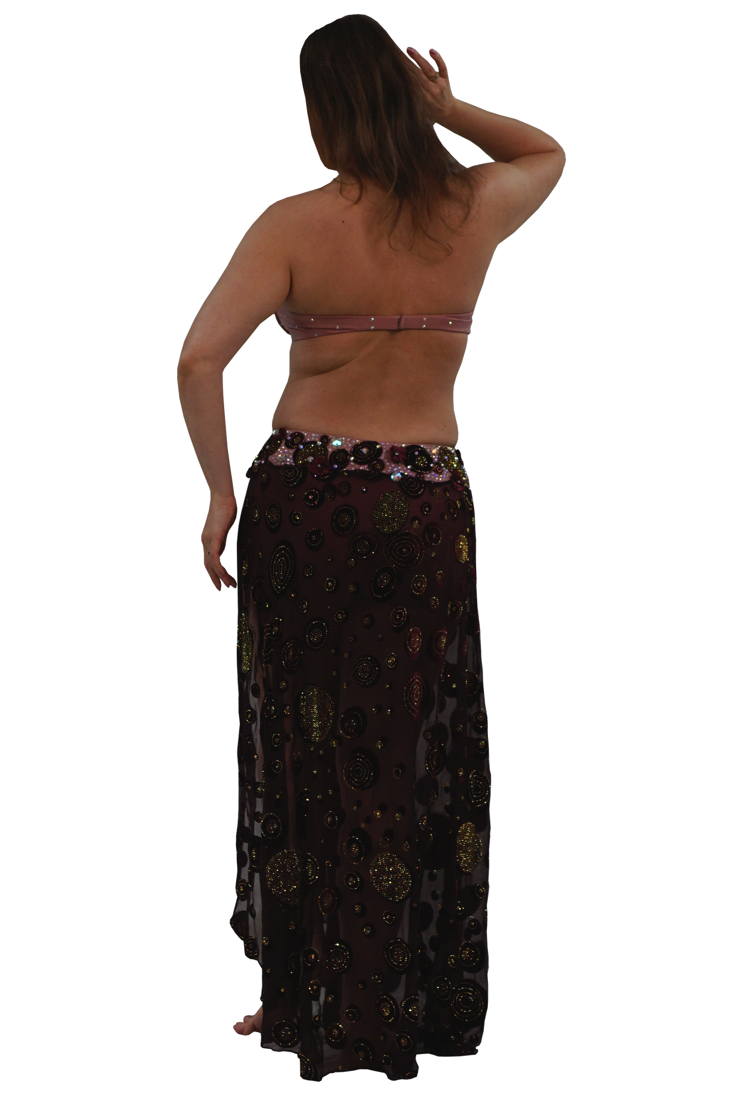 A woman shown from the back wearing a belly dancing costume, featuring a dark burgundy sequined hip scarf with gold and pink details and a matching strapless top, isolated on a white background.