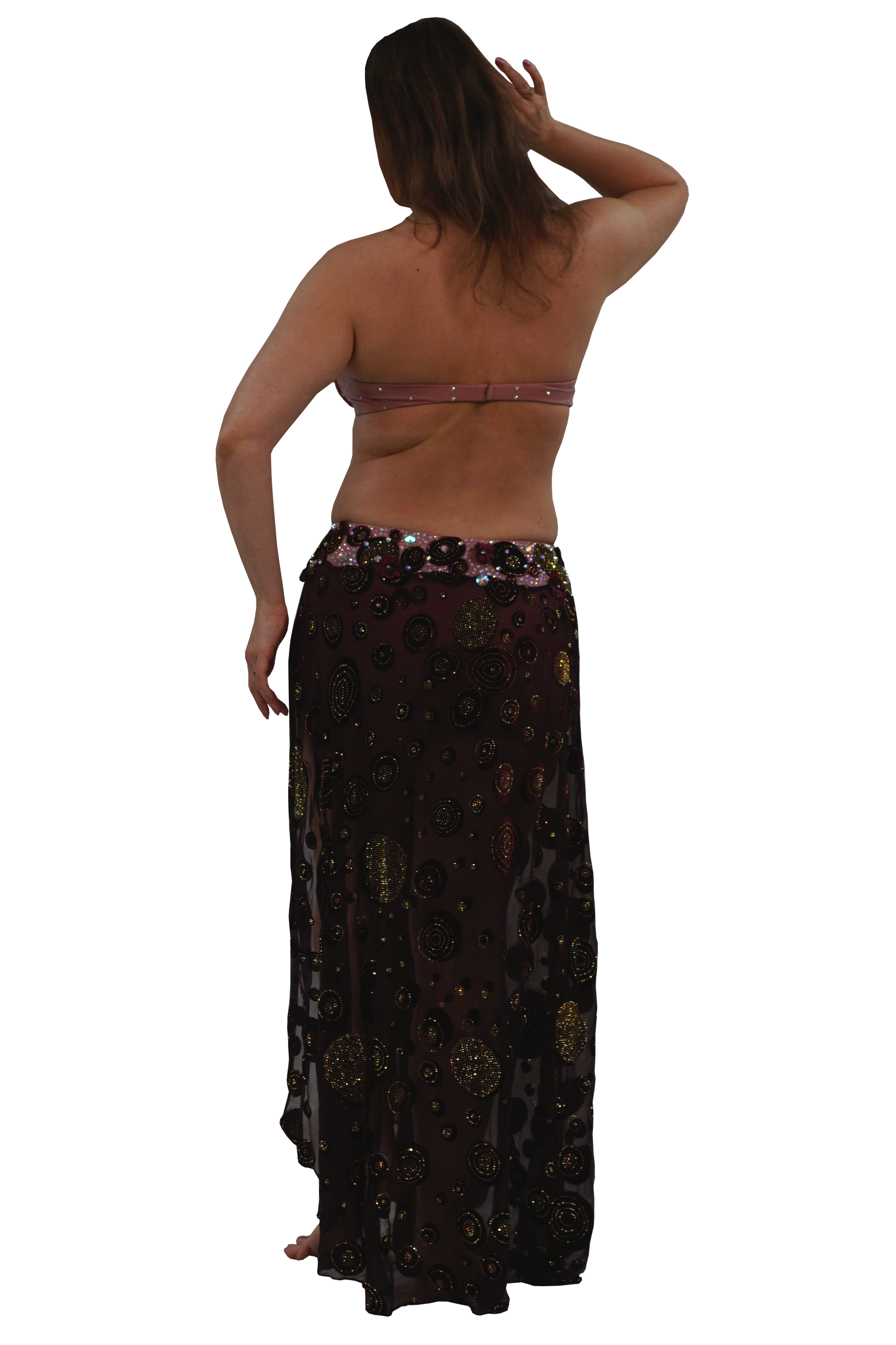 A woman shown from the back wearing a belly dancing costume, featuring a dark burgundy sequined hip scarf with gold and pink details and a matching strapless top, isolated on a white background.