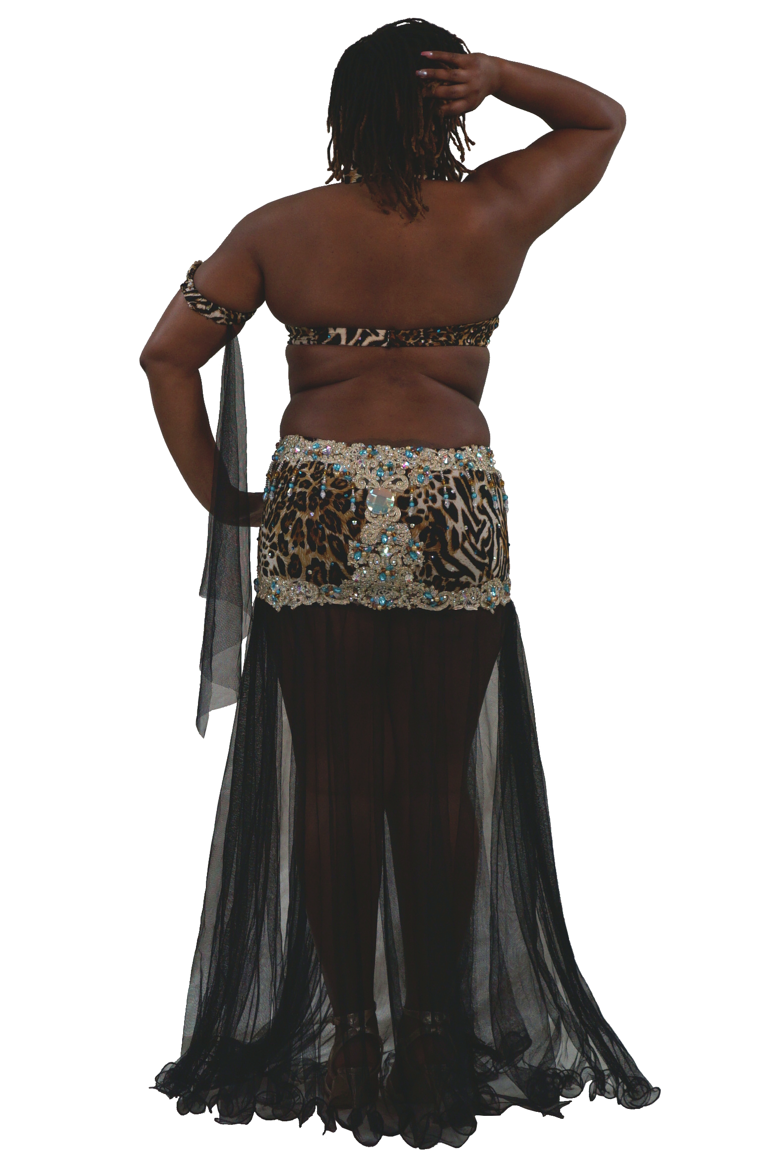 A woman shown from the back wearing a belly dance costume with a leopard-print and zebra-print waist scarf embellished with rhinestones, a matching strapless top, and a long black sheer skirt.