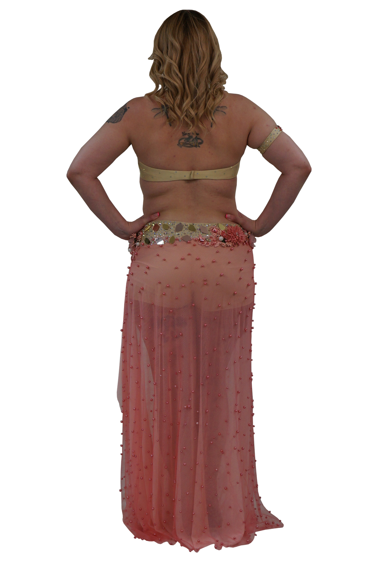 A woman shown from the back wearing a sheer pink belly dance skirt with red sequins and a gold embellished shorts, set against a plain white background.