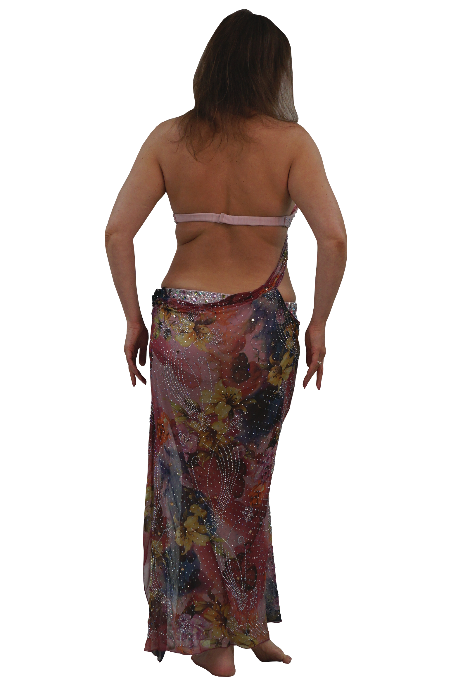 A woman shown from the back wearing a sheer, multicolored floral sarong wrap and a light pink bikini top, isolated on a white background.