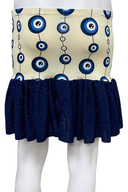 Skirt with blue and white pattern on beige background