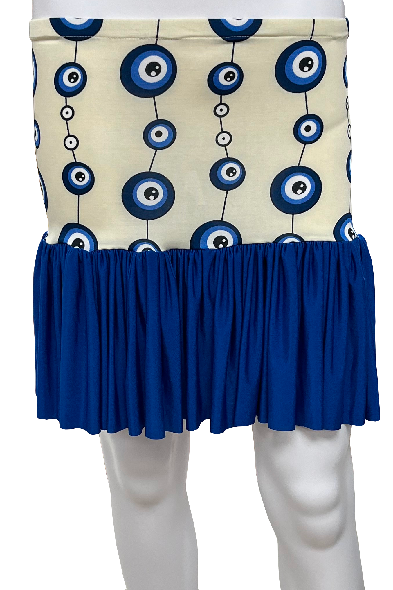 Skirt with blue and white circular pattern on a mannequin