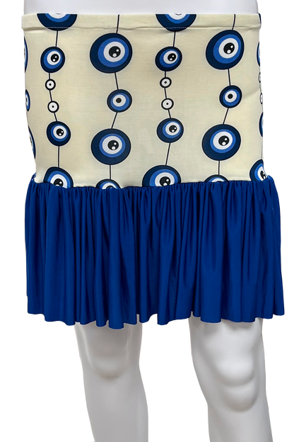 Skirt with blue and white circular pattern on a mannequin