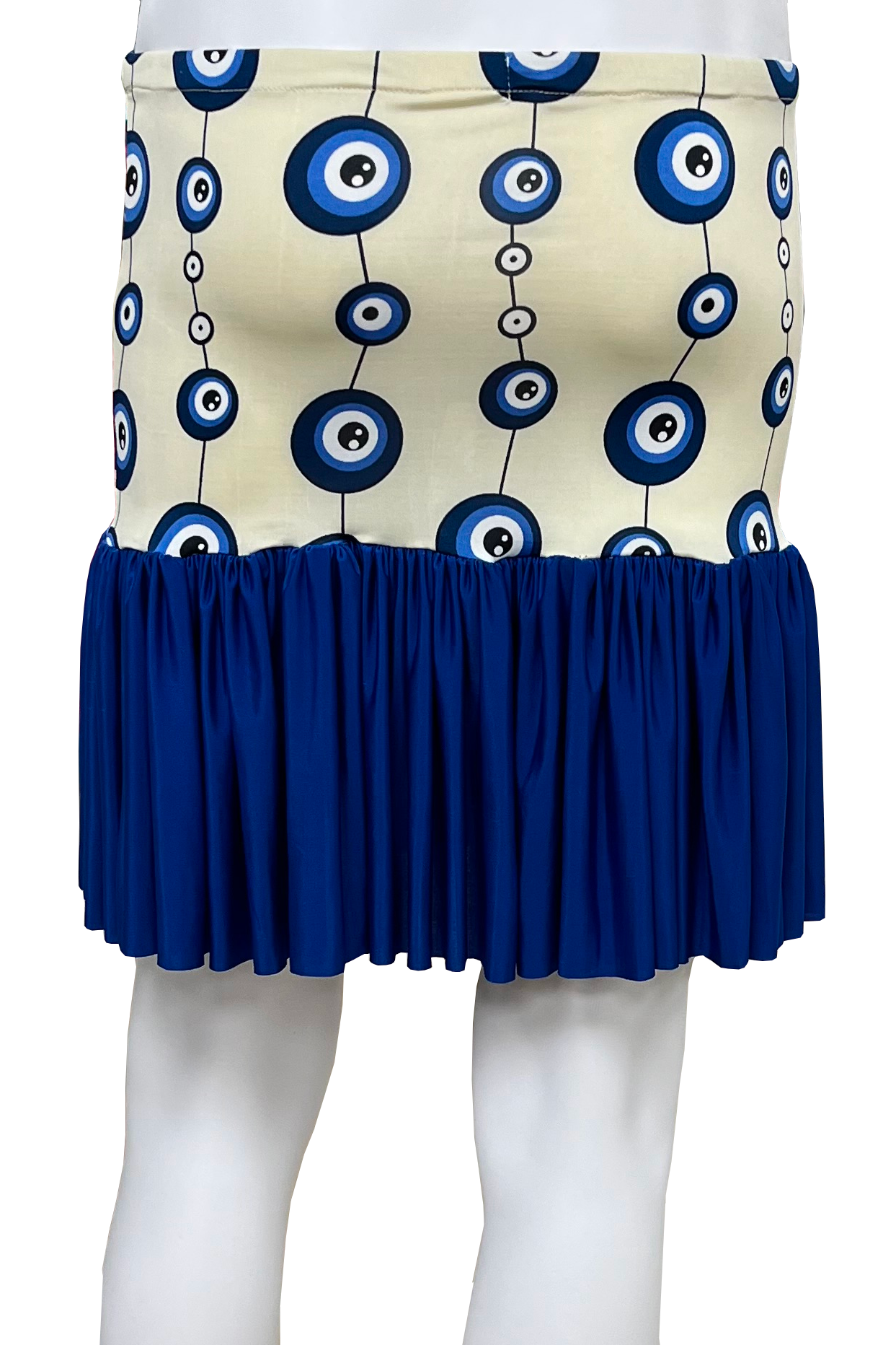 Skirt with blue and white circular pattern on a white background