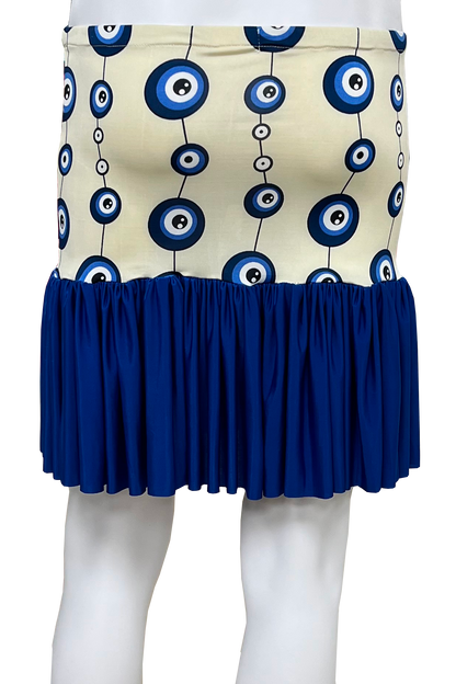 Skirt with blue and white circular pattern on a white background