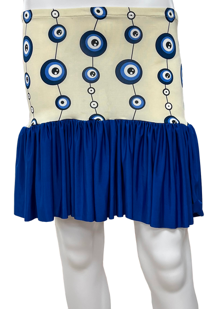 Skirt with blue and white pattern on a mannequin against a white background