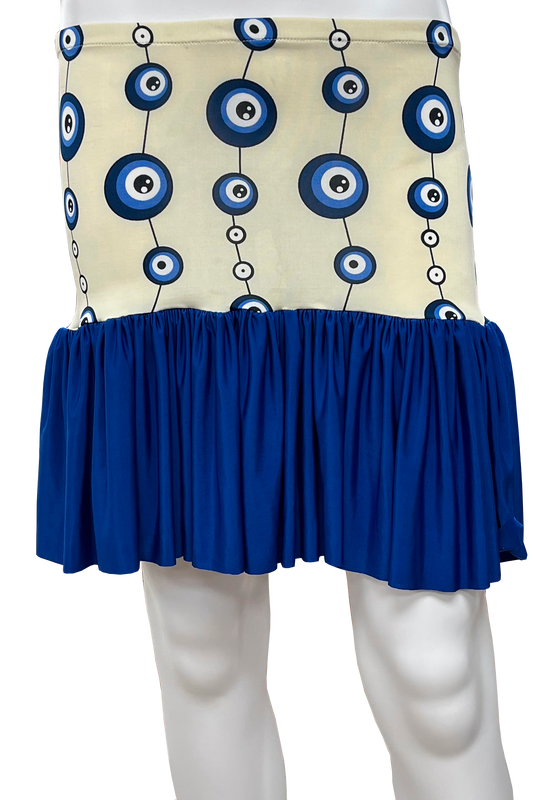 Skirt with blue and white pattern on a mannequin against a white background