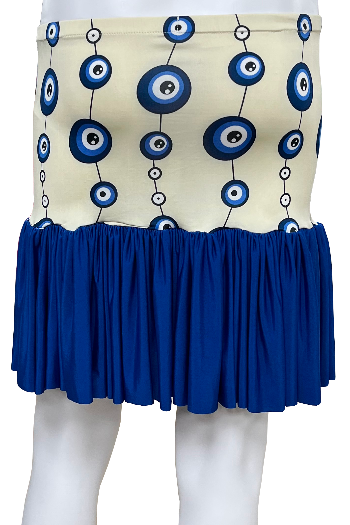 Skirt with blue and white pattern on a white background