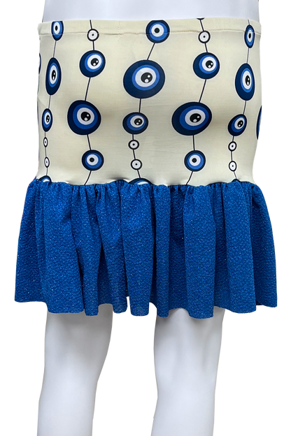 Skirt with blue and white patterned top and blue ruffled bottom on a white background