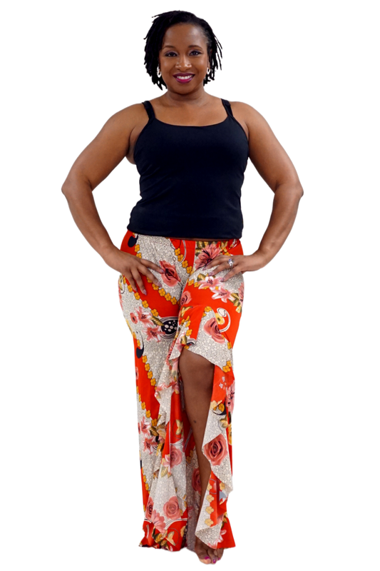 Red floral pants for bellydance practice
