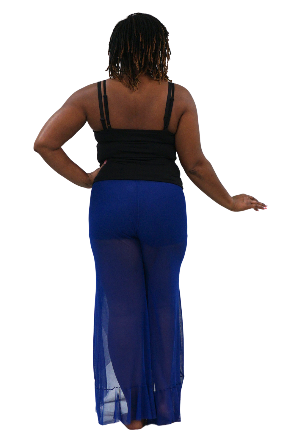 A woman shown from the back wearing a black sleeveless top and sheer royal blue wide-leg pants against a plain white background.