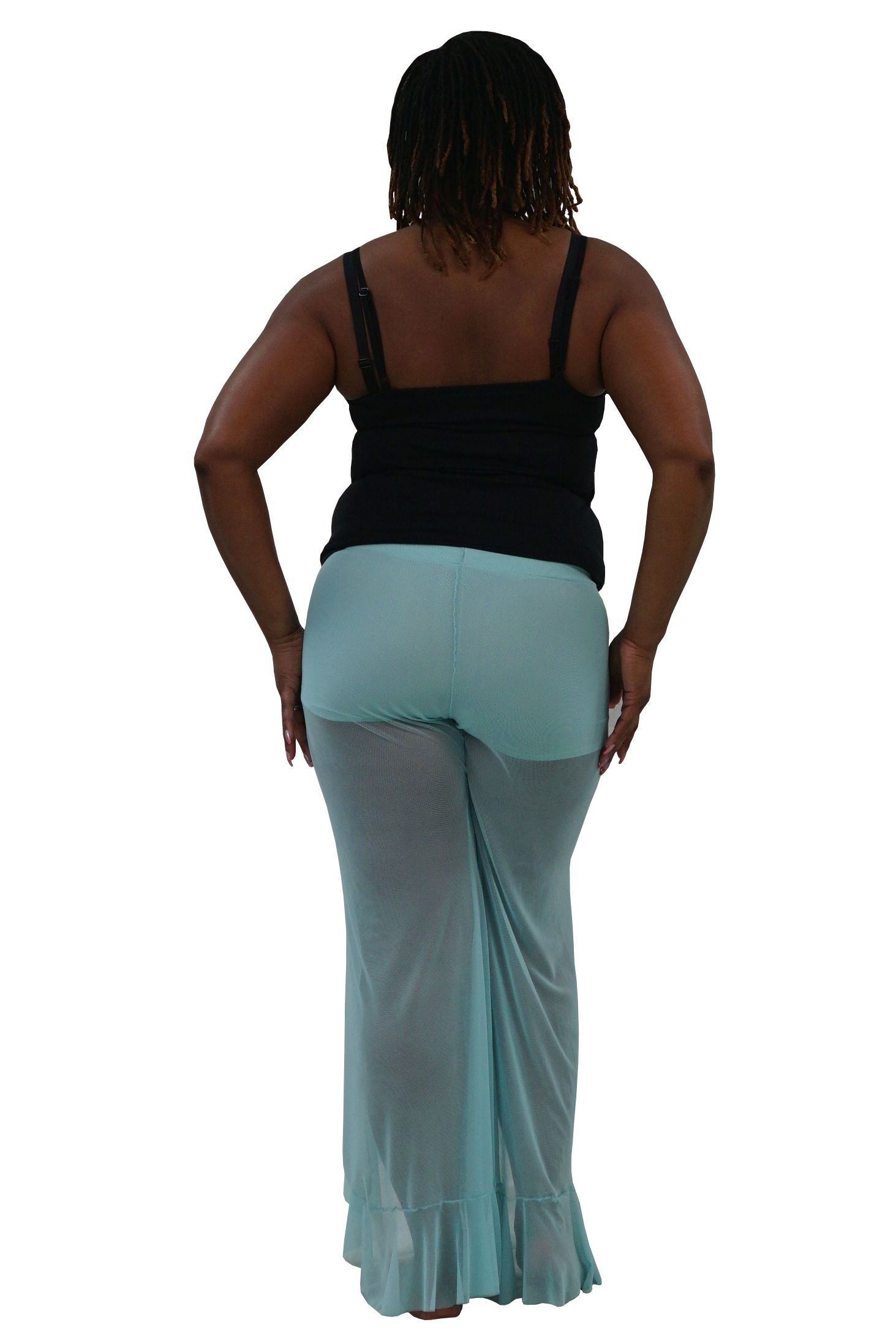 A woman shown from the back wearing a black tank top and light aqua sheer flared pants against a plain white background.