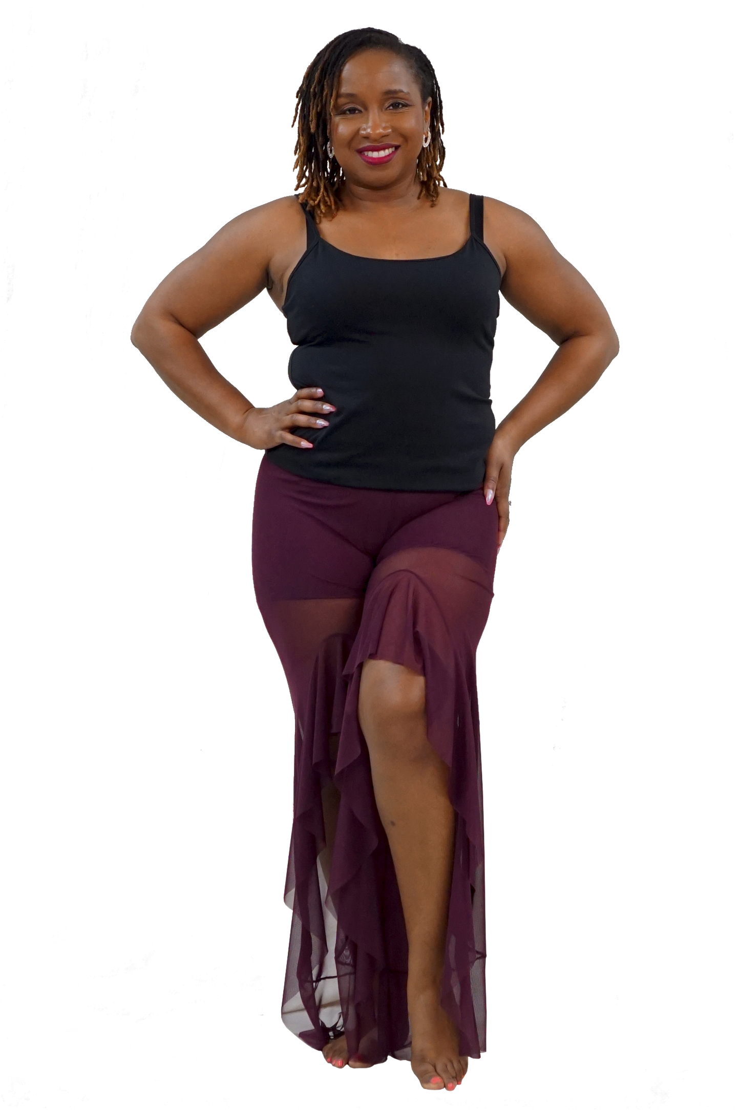Wine Mesh Pants With Ruffle