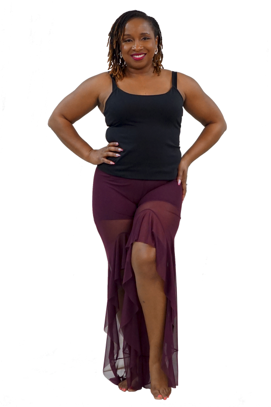 Wine Mesh Pants With Ruffle