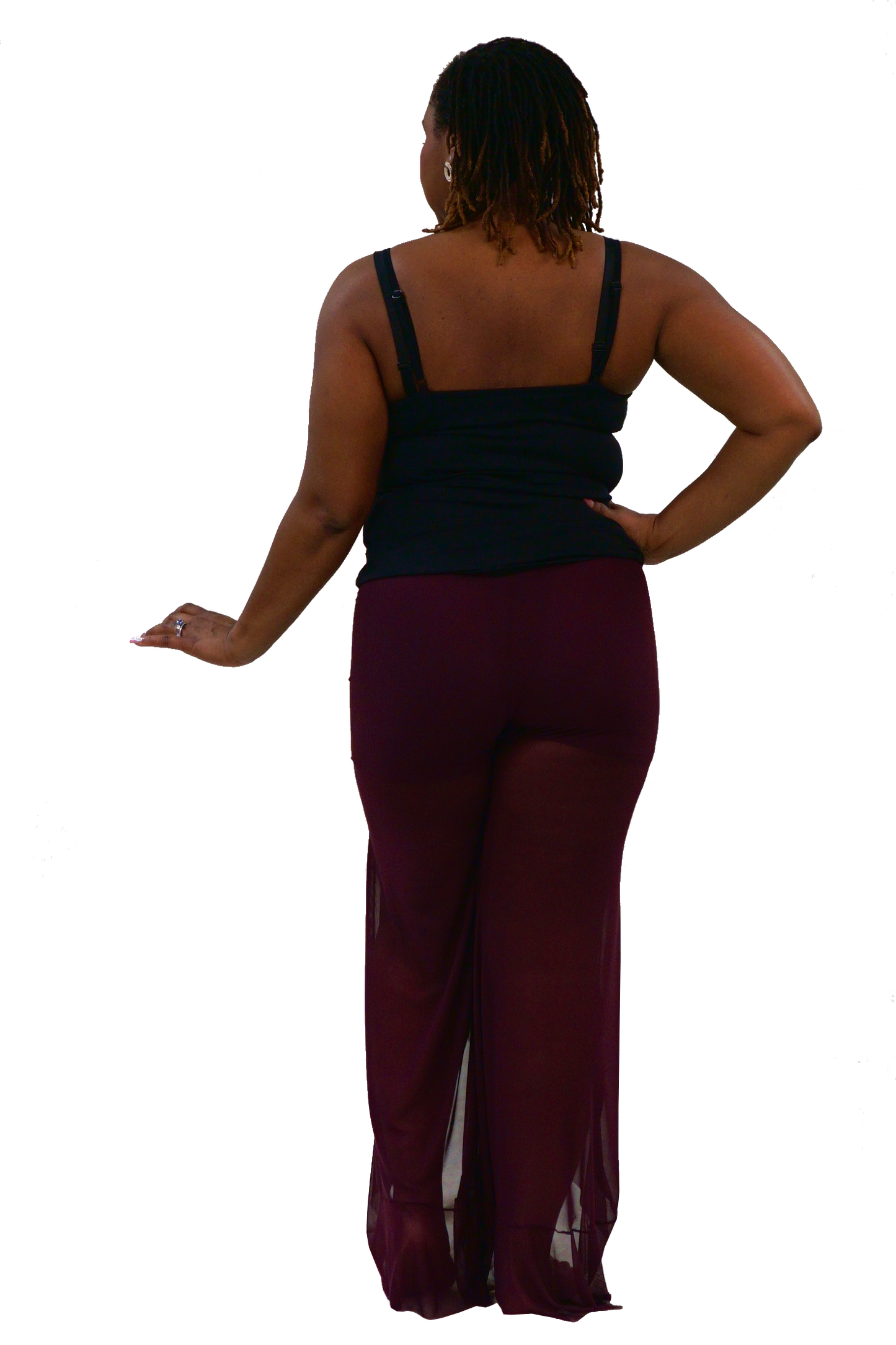 Wine Mesh Pants With Ruffle